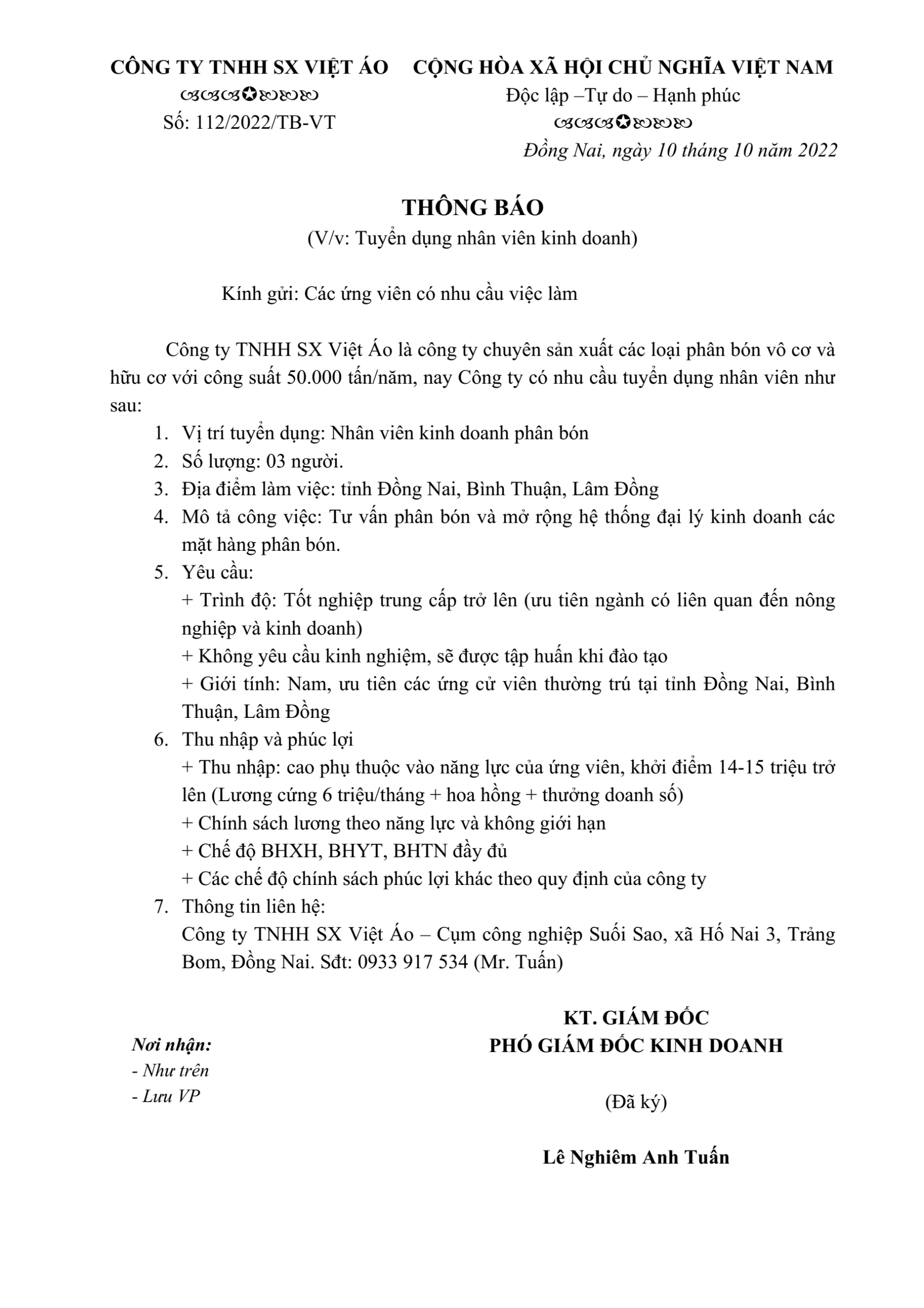 THÔNG BÁO TUYỂN DỤNG